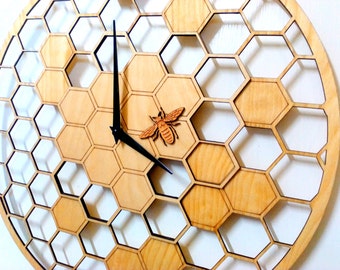 Beekeeper gift 15.7" / Lasercut clock / For living room / Wood wall art / Bedroom decorations / Wood wall clock / Honeycomb /Wooden clock