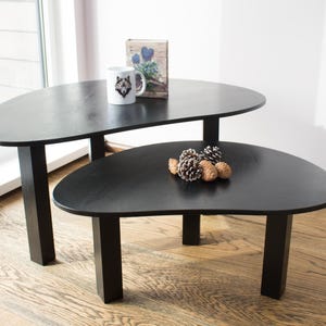 May include: Two black nesting tables with rounded edges and black legs. The top table has a white mug with a wolf design on it and a small book on top. The bottom table has a small pile of pine cones on top.