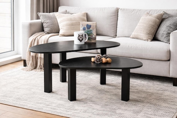 Black Oval Coffee Table, Birch Plywood, Scandinavian Modern