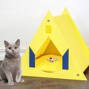 Triangle cat house with decorative blue doors, Cat bed, Canada Midsummer, Cat lover gift, Modern cat furniture, Free Standing Pet House