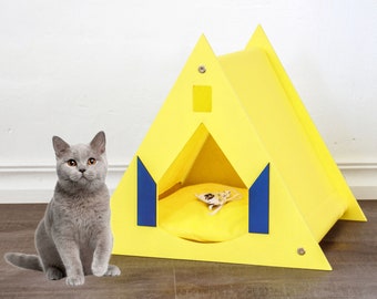 Triangle cat house with decorative blue doors, Cat bed, Canada Midsummer, Cat lover gift, Modern cat furniture, Free Standing Pet House