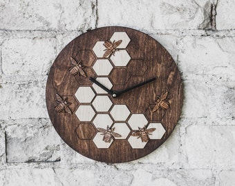 LARGE WALL CLOCK / House Warming Gifts / For Kitchen / For Her / Honey Bee Clock / Dining room Décor / Modern Wall Clock / For office / Wood