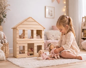 Montessori dockhus i trä för barn, lekhus i naturträ, Waldorfleksak