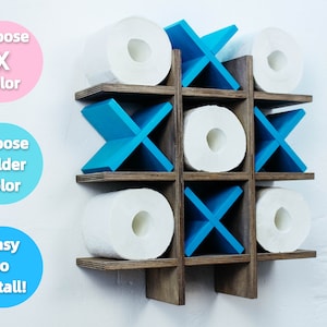 Portarotolo / Tic Tac Toe / Espositore per carta igienica / Arredamento per il bagno / Organizzatore e contenitore per bagno in legno / Mensola da bagno / Arazzi / Legno