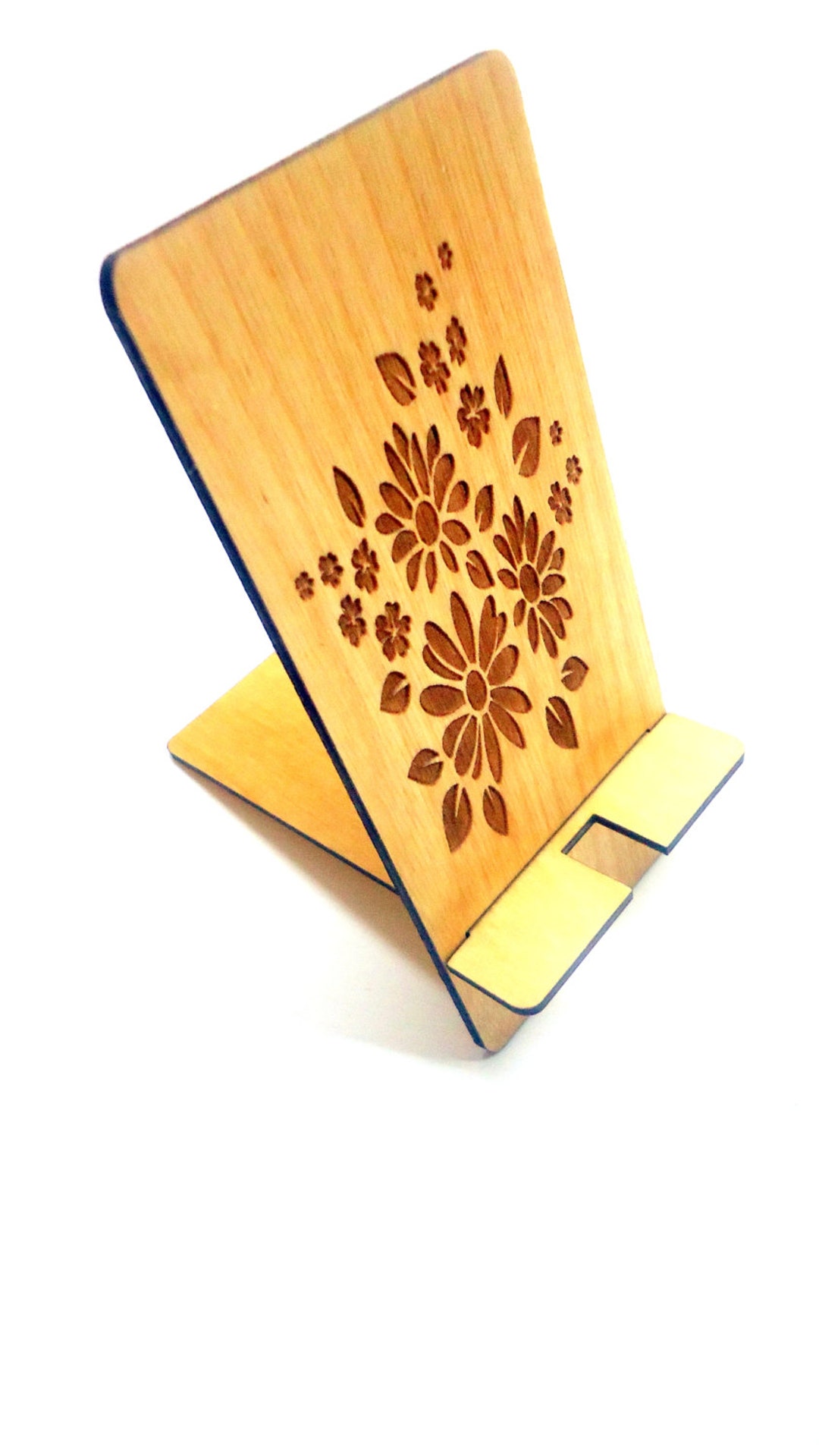 Phone Stand for Desk / Engraved Flower / Cute Laser Cut / Wood Etsy