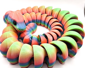 3D Printed Articulated Snake Fidget, Rainbow, 3-Foot Long