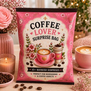 May include: A pink rectangular surprise bag featuring the text COFFEE LOVER SURPRISE BAG, 10+ BOOKISH SURPRISES, and PERFECT FOR BOOKWORMS & COFFEE ADDICTS. The design includes illustrations of a pink coffee cup, a coffee tumbler, flowers, and hearts.