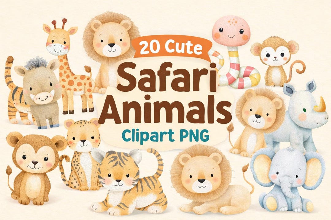 20 Cute Safari Animals Clipart PNG, Watercolor Jungle Animals, Baby ...