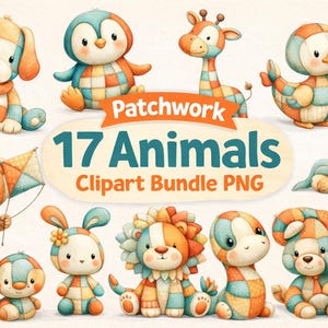 Könnte beinhalten: Eine Sammlung von 17 Patchwork-Tier-Clipart-Bildern in einem PNG-Bundle. Die Illustrationen zeigen einen Hund, einen Pinguin, eine Giraffe, eine Ente, einen Bären, ein Kaninchen, einen Löwen und eine Schlange, jeweils mit einem farbenfrohen, gesteppten Design. Der Text "Patchwork 17 Animals Clipart Bundle PNG" wird angezeigt.