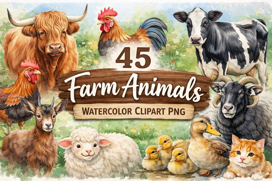 45 Farm Animals Watercolor Clipart PNG | Cow Sheep Goat Chicken Duck ...