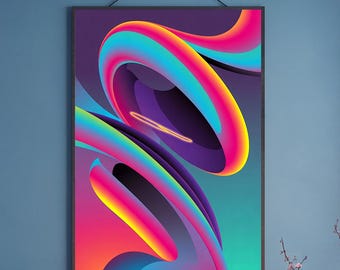Lámina decorativa abstracta con degradado neón, póster moderno y vibrante, obra de arte futurista con formas 3D, decoración contemporánea y colorida, arte mural imprimible.