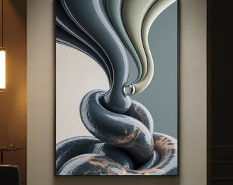Lámina decorativa abstracta en tonos azul y gris para pared, póster minimalista moderno, obra de arte con formas 3D líquidas, decoración contemporánea de lujo, arte mural escultórico.