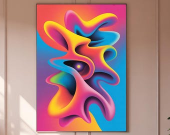 Lámina decorativa abstracta y colorida para pared, póster con degradado vibrante, obra de arte moderna con formas líquidas en 3D, decoración contemporánea audaz, arte pop neón.