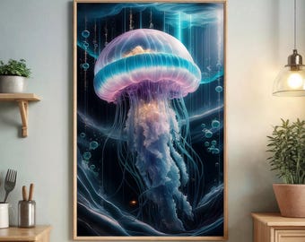 Lámina decorativa de medusas para imprimir, póster de fantasía submarina, decoración oceánica brillante, lámina de arte de vida marina, lámina digital para descargar.