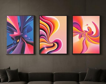 Conjunto de 3 pósteres abstractos con degradado, láminas de arte mural fluidas y coloridas, descarga digital moderna, decoración vibrante en rosa, naranja y azul.