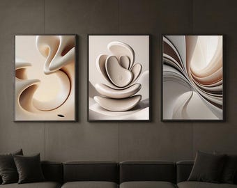 Conjunto de 3 láminas de arte abstracto neutro para pared, conjunto de pósteres minimalistas beige, decoración escultórica moderna, arte contemporáneo de lujo para imprimir.