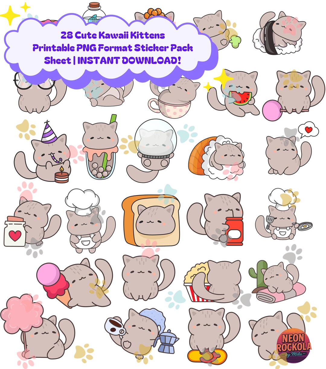Kawaii Cat Stickers Printable | 28 Cute Kittens Sticker Pack | PNG ...