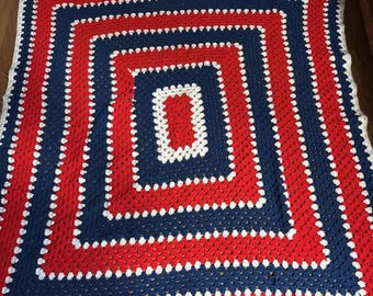 Vintage Afghan Crotchet Squared Granny Blanket Red Blue White  54 X 58"