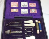 Vintage box of sewing tools, pearl handled - etui - antique sewing notions (Ref T782)