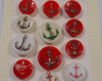Vintage red or white glass buttons - painted with anchors, including Uranium glass (Ref SEB883)