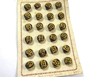 Original card of 24 tiny vintage black glass buttons with gold lustre  (Ref NSC191)