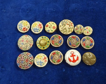 Collection of 16 vintage metal buttons - painted, and pressed metal, white backgrounds (Ref SEB877)