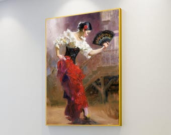 Flamenco Dancer in Motion Canvas, Spanish Dance Art, Red Skirt Wall Art, Elegant Woman with Fan Canvas, Home Decor Painting