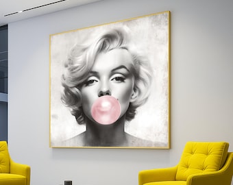 Vintage Hollywood Glamour Canvas, Pop Art Wall Decor, Blonde Woman with Bubblegum, Retro Style Canvas, Modern Classic Portrait Wall Art