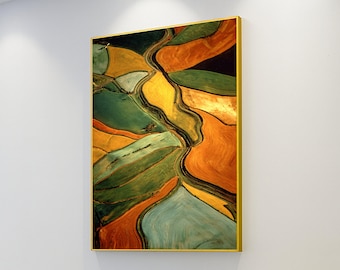 Abstract Aerial Farm Fields Canvas, Colorful Patchwork Landscape Art, Rustic Rural Wall Decor, Nature Canvas Wall Art