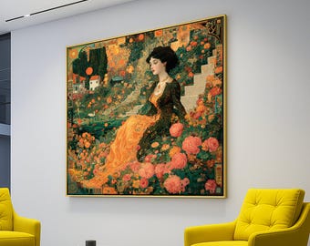 Elegant Victorian Woman in Garden, Floral Portrait Canvas, Vintage Romantic Wall Art, Classic Beauty Canvas, Decorative Home Art