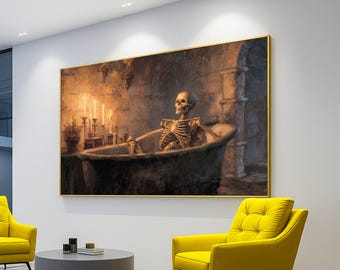 Tela con scheletro gotico vintage che si rilassa nella vasca da bagno, decorazione murale a lume di candela, arredamento fantasy dark, tela per bagno malinconica, Halloween unico