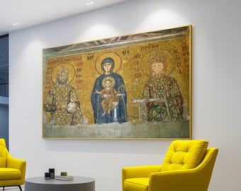 Byzantine Religious Mosaic Canvas Wall Art, Iconic Mary and Child, Historical Gold Background, Christian Spiritual Decor, Ready to Hang