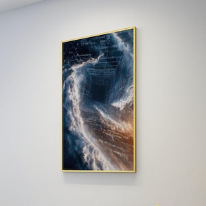 Pode incluir: Impressão artística vertical emoldurada com uma cena surreal e abstrata. A obra de arte retrata uma estrutura em forma de túnel com nuvens rodopiantes em tons de azul, branco e laranja. A moldura dourada adiciona um toque de elegância.