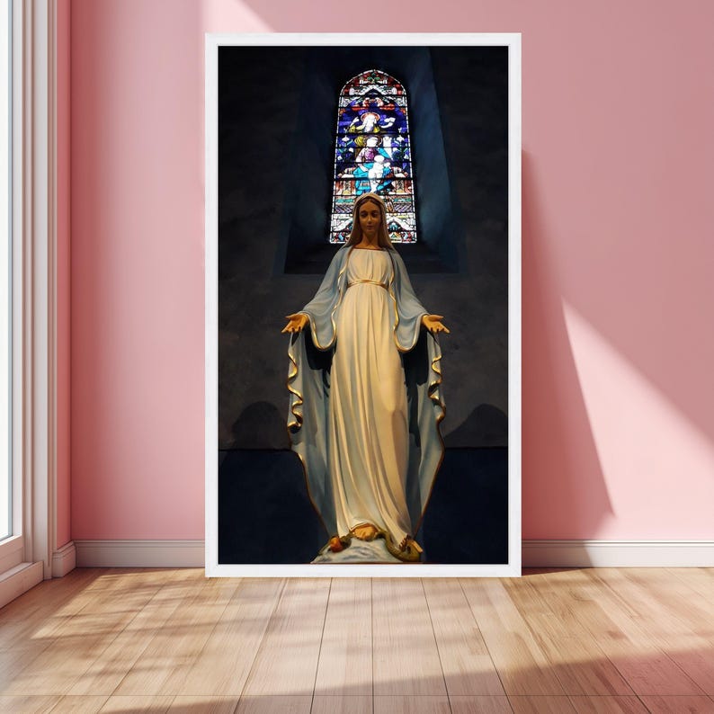 Virgin Mary Statue Canvas, Religious Wall Art, Catholic Decor, Stained ...