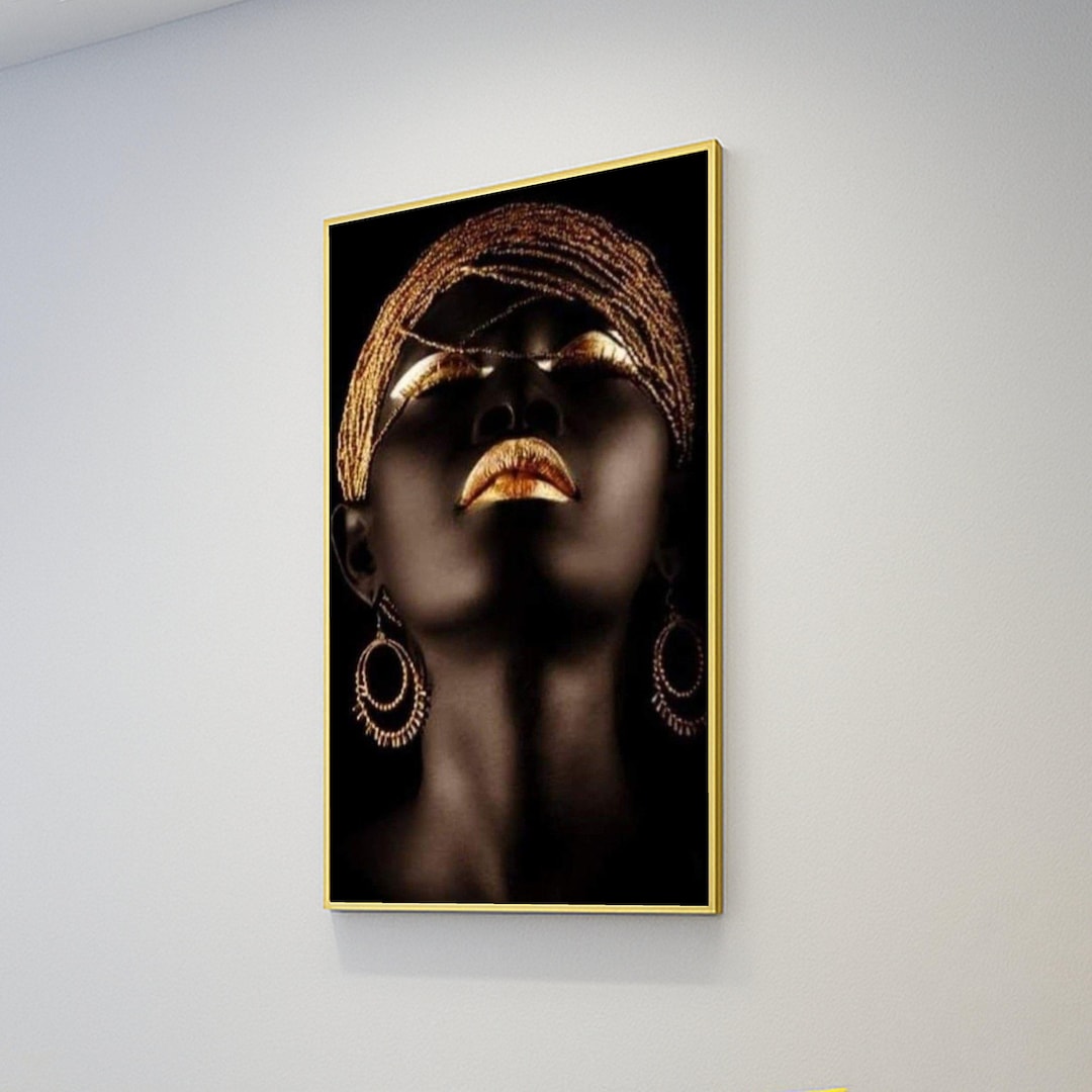 Elegant Black Woman Portrait Canvas, Gold Accessories Wall Art ...