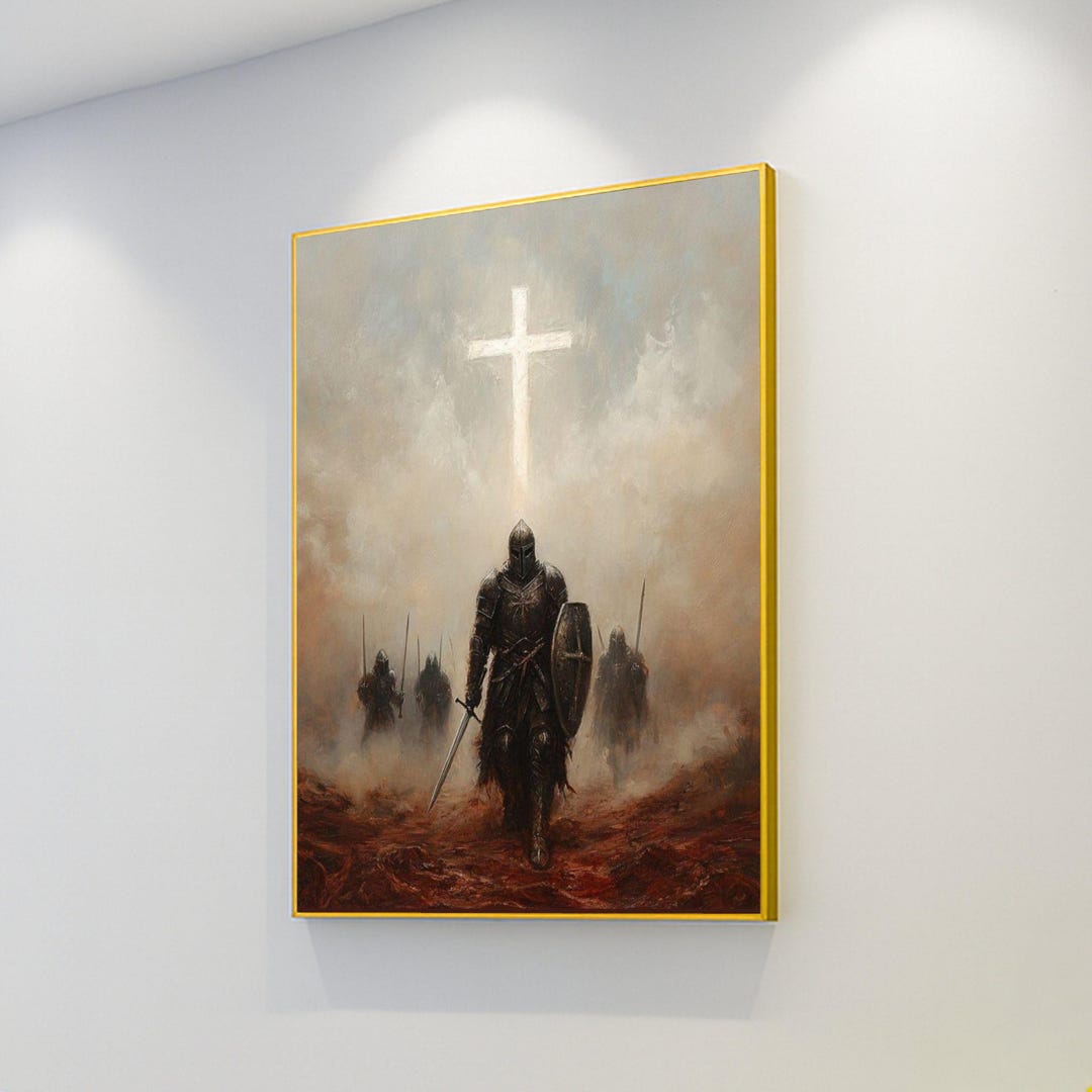 Medieval Knight With Sword and Shield Canvas, Christian Cross Wall Art ...