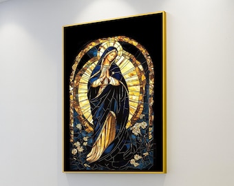 Lienzo de vitral de la Virgen María, arte religioso para pared, lienzo de oración cristiana, decoración espiritual para el hogar, lienzo católico para colgar en la pared.