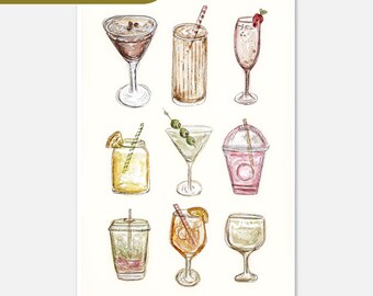 May include: A watercolor illustration featuring nine distinct beverages arranged in a grid. The collection includes various cocktails, iced drinks in plastic cups with straws, and stemmed glassware, showcasing a variety of colors and textures.
