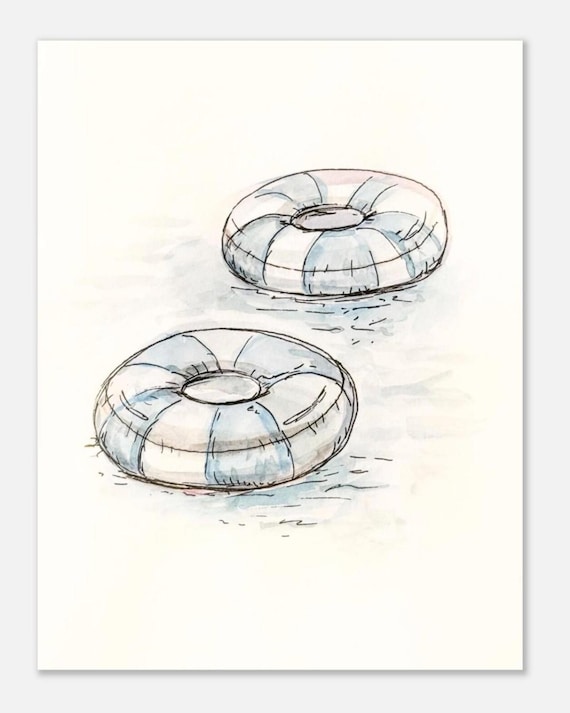 Blue Striped Pool Float Digital Download | Minimal Watercolor Sketch, Coastal Wall Decor
