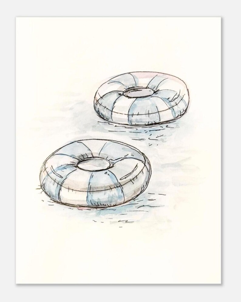 May include: Watercolor illustration of two inflatable pool floats. The floats are round with a blue and white striped pattern. The artwork has a soft, airy feel, suggesting a summer theme.