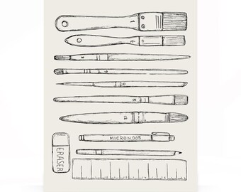 May include: A black and white illustration of art supplies, including paint brushes, a pen labeled "Micron 005", an eraser, and a ruler. The brushes vary in size and shape, with some having rounded tips and others flat. The eraser has the word "ERASER" printed on it.
