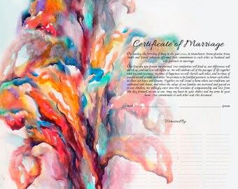 Può includere: Un dipinto ad acquerello di un albero con tonalità vivaci di arancione, rosa e blu. Il dipinto è su uno sfondo bianco con un testo di certificato di matrimonio. Il testo include la data, il luogo e i nomi della coppia che si sposa. Il testo recita "Certificato di Matrimonio" e "Domenica 1 maggio 2022, a Manchester, Pennsylvania, Rena South e David Johnston hanno confermato il loro impegno reciproco come marito e moglie, partner nel matrimonio."