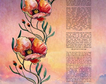 Può includere: Illustrazione ad acquerello di un Ketubah, un contratto di matrimonio ebraico, con due papaveri rossi e arancioni vibranti con steli verdi. Il testo è in ebraico e inglese, su uno sfondo morbido e colorato.