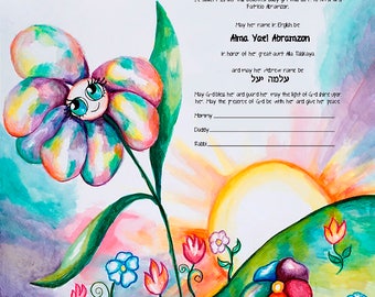 Personalisierte Baby Namen Zertifikat, Blumen Giclée-Druck