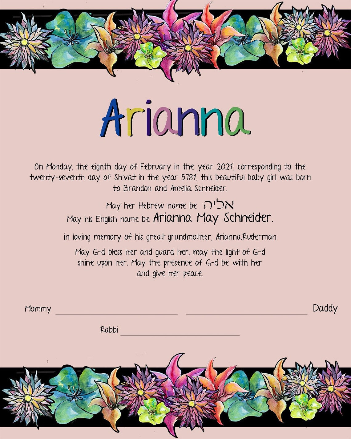 Jewish Baby Naming Certificate Daughter Baby Gift Jewish Etsy