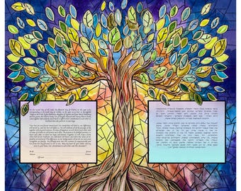 Può includere: Illustrazione ad acquerello colorata di un albero con effetto vetrata. L'albero ha un tronco e rami marroni con foglie verdi, gialle e blu. Due aree rettangolari con testo sono ai lati dell'albero.
