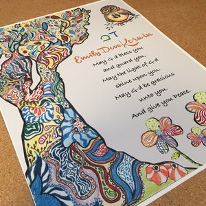 May include: A colorful, hand-drawn illustration of a tree with a whimsical owl perched on a branch. The text reads "Emily Dove Lorwin" and includes a blessing: "May G-d bless you and guard you, May the light of G-d shine upon you. May G-d be gracious unto you. And give you Peace."
