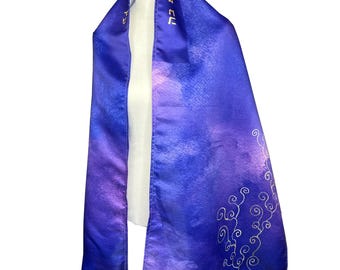 Tallit in raso viola e oro con borsa in velluto abbinata