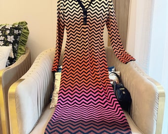 Retro Chevron Knit Maxi Dress: Fall Gradient Sweater Dress