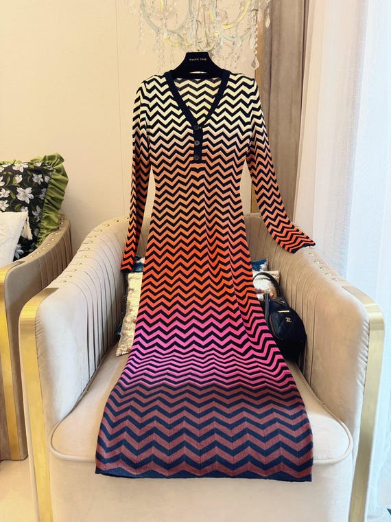 Retro Chevron Knit Maxi Dress: Fall Gradient Sweater Dress Retro Chevron Knit Maxi Dress: Fall Gradient Sweater Dress